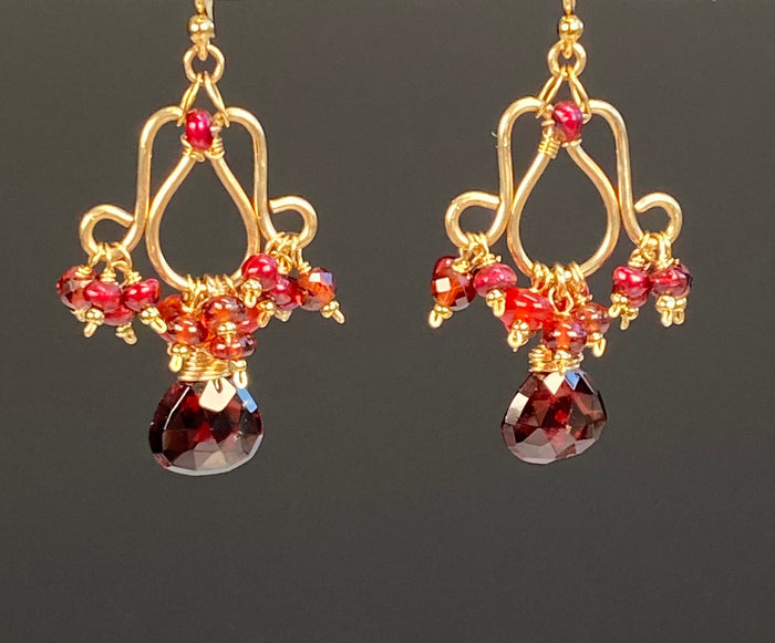 Red Garnet, Pearl & Opal Chandelier Earrings, 14k Gold Fill