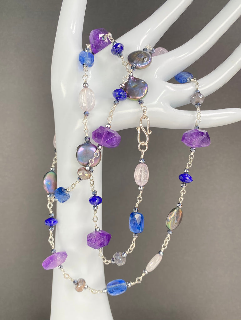 Long Blue Violet Necklace Amethyst Kyanite Kunzite Coin Pearl Sterling Silver