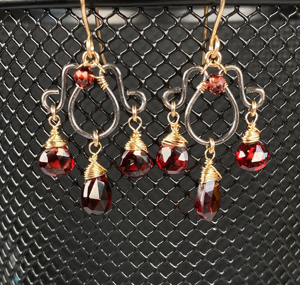 Red Garnet Chandelier Earrings Mixed Metal - January Birthstone Jewelry - Doolittle