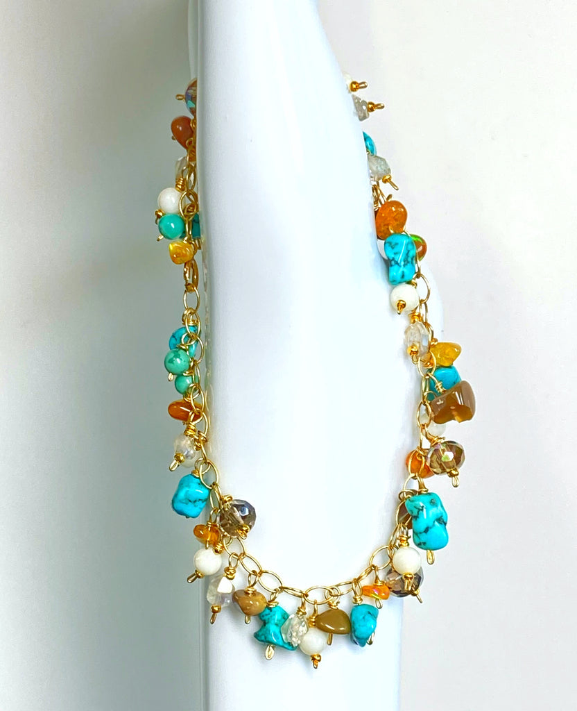 Dainty, Colorful Gemstone and Turquoise Handmade Gold Bracelet