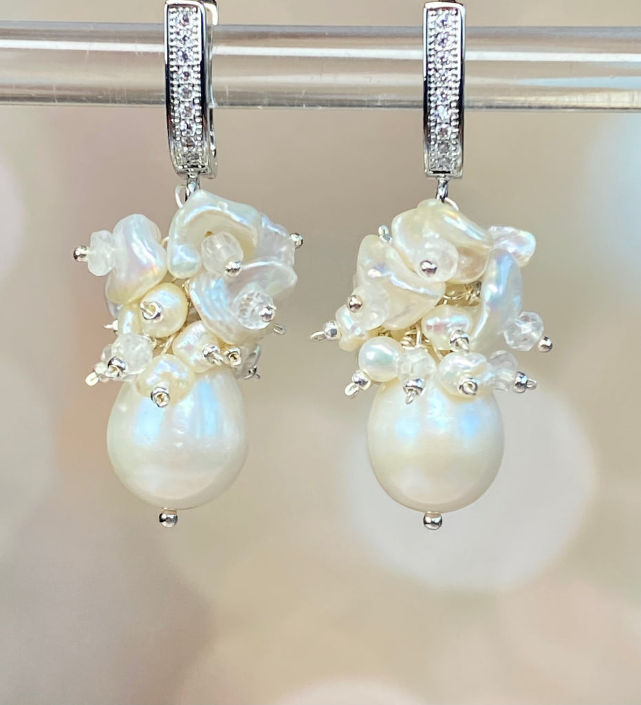 Baroque Pearl Bridal Cluster Earrings Sterling Silver - Doolittle