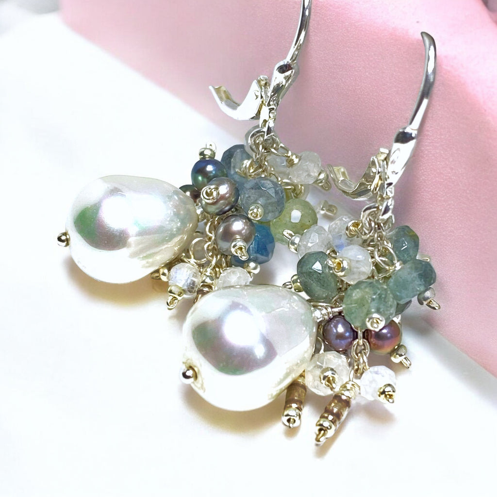 Moss Aquamarine and Pearl Cluster Earrings, Sterling Silver