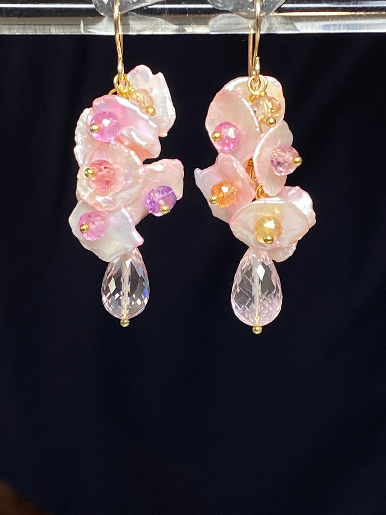 Padparadscha Sapphire Keishi Pearl Dangle Earrings with Rose Quartz Gold Fill - Doolittle
