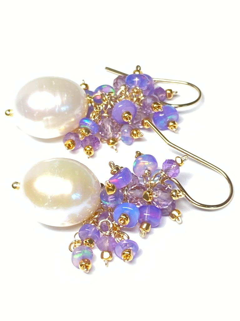 Lavender Blue Opal and Pearl Cluster Earrings, Gold Fill