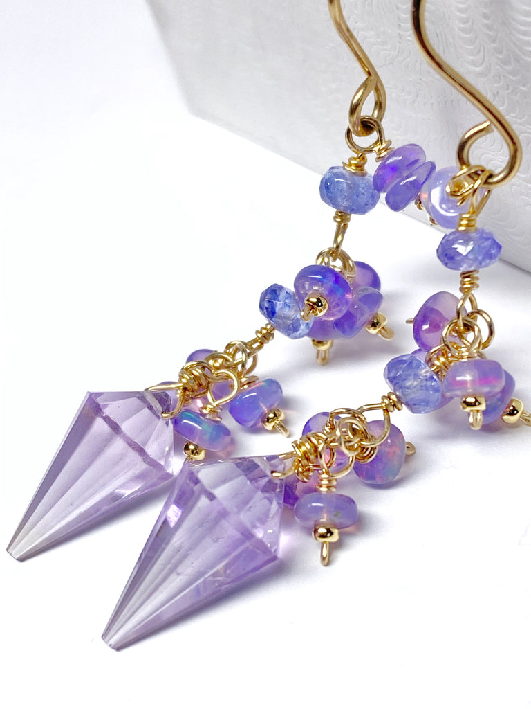 Amethyst Rose de France and Lavender Opal Dangle Earrings Gold Fill