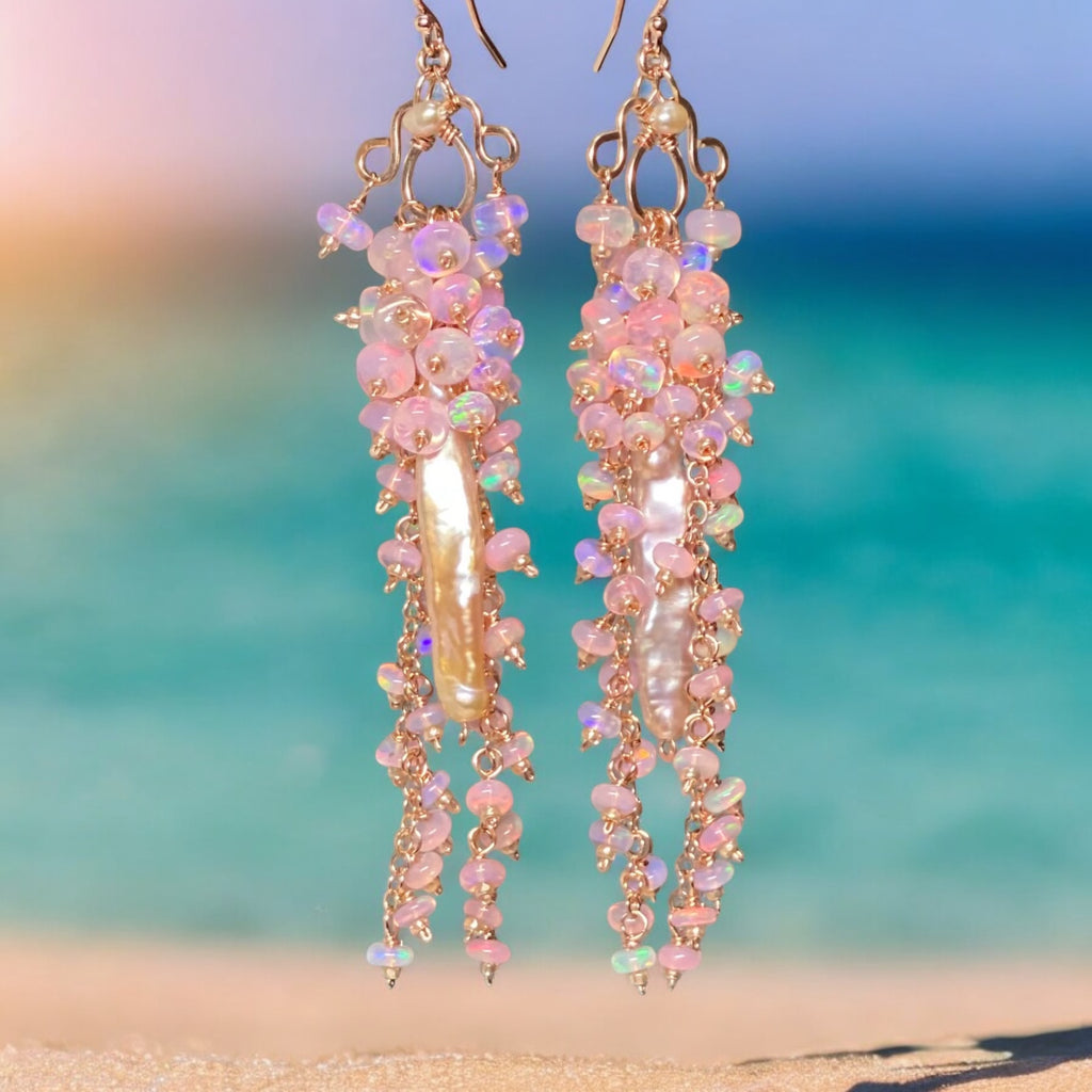 Blush Biwa Pearl Earrings Long Baby Pink Opal Clusters Rose Gold 2