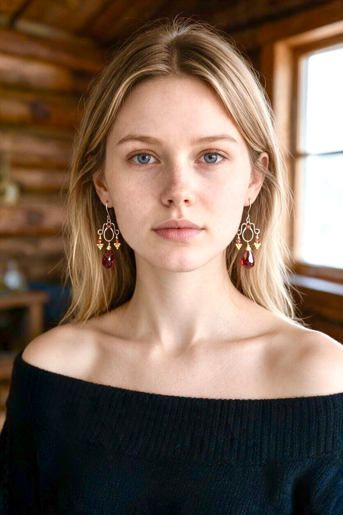 Model wearing petite red garnet mixed-metal chandelier earrings with a black off-the-shoulder top.