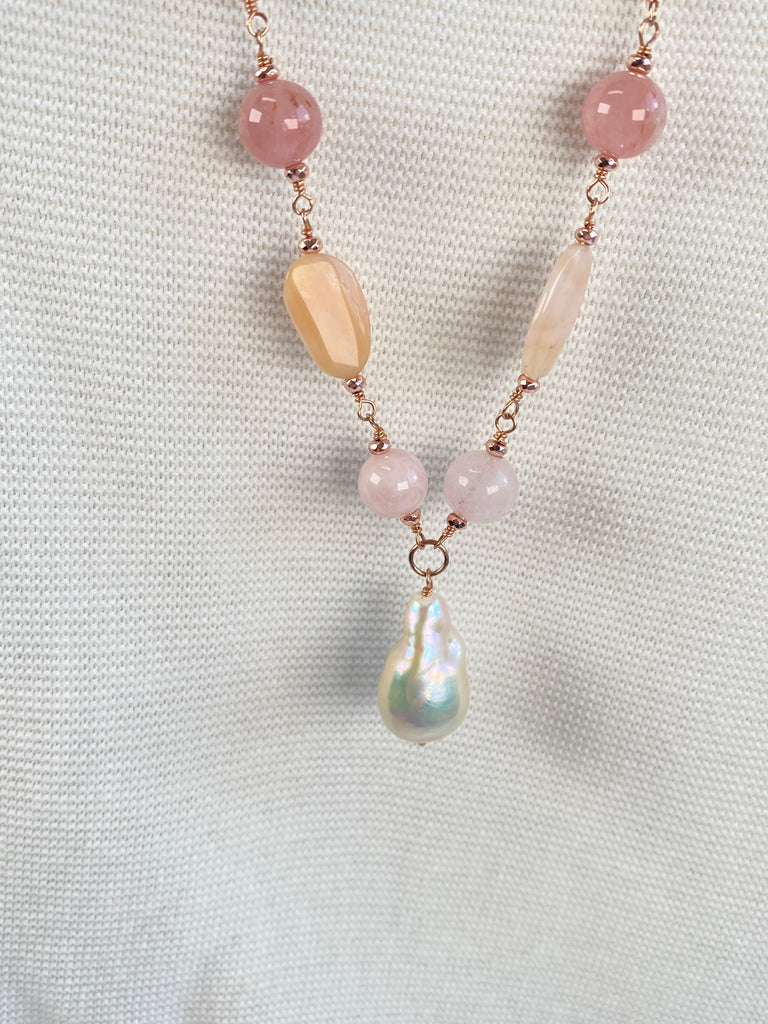 Pink Blush Pearl and Gemstone Long Pendant Necklace Rose Gold Fill Wire Wrap