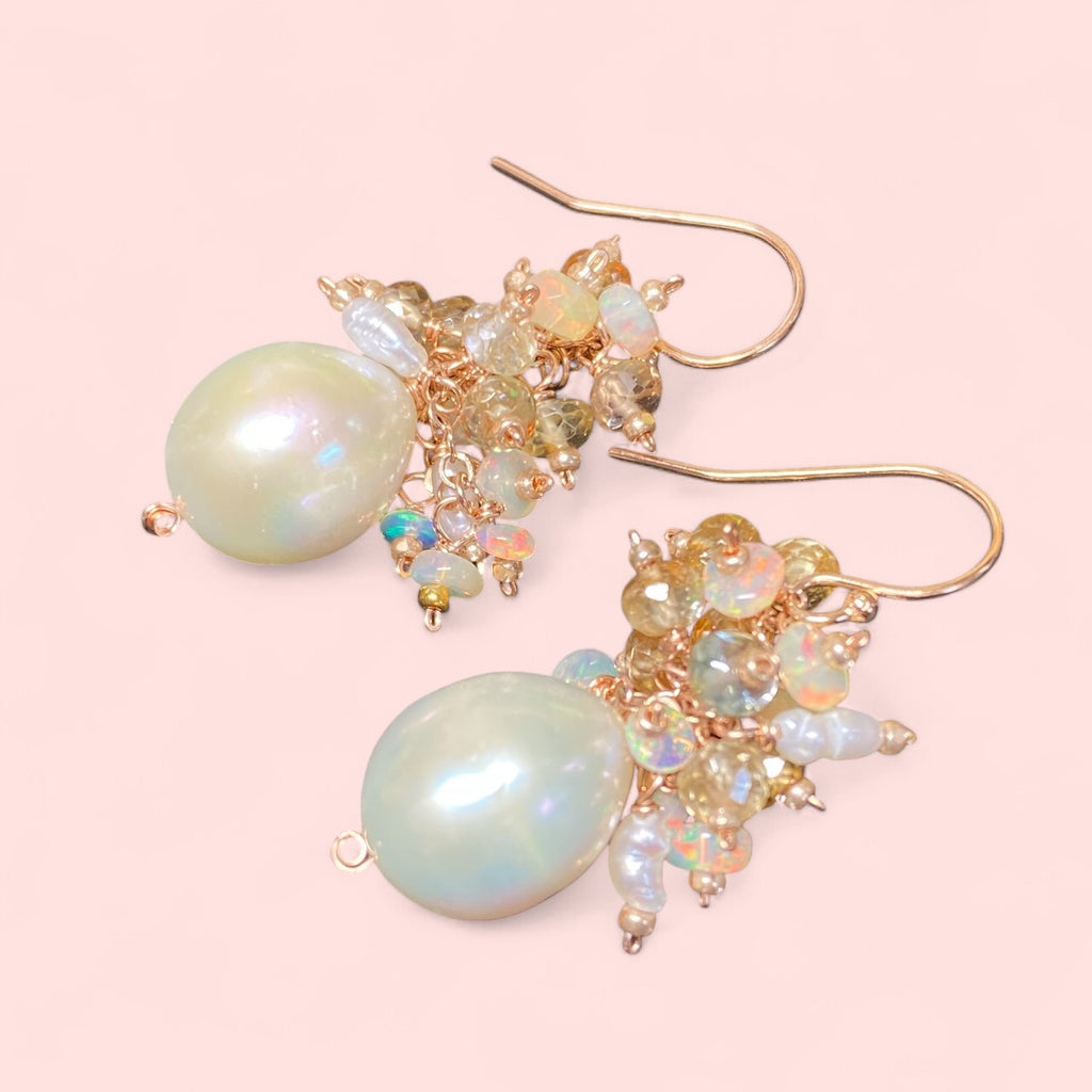 Natural Zircon Gemstone, Opal and Pearl Cluster Earrings, Rose Gold Fill