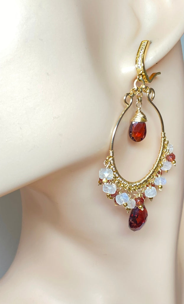 Red garnet gold filled hoop earrings with rainbow moonstone on mannequin with pave lever back ear wires