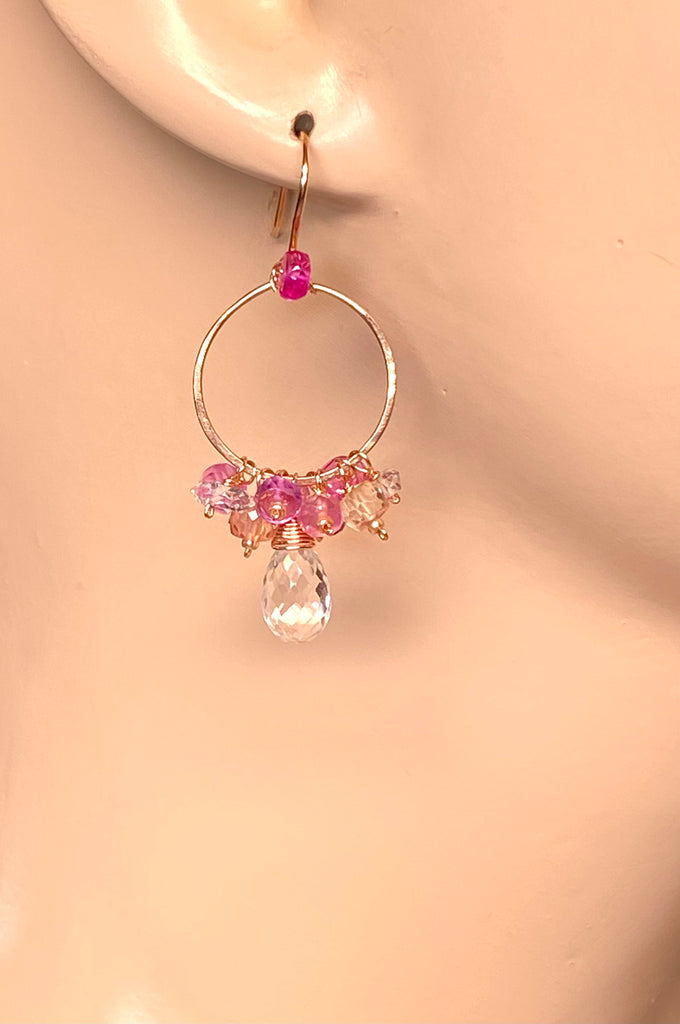 Padparadscha Sapphire Hoop Earrings Rose Gold Fill — Crystal Quartz Herkimer Diamond - Doolittle