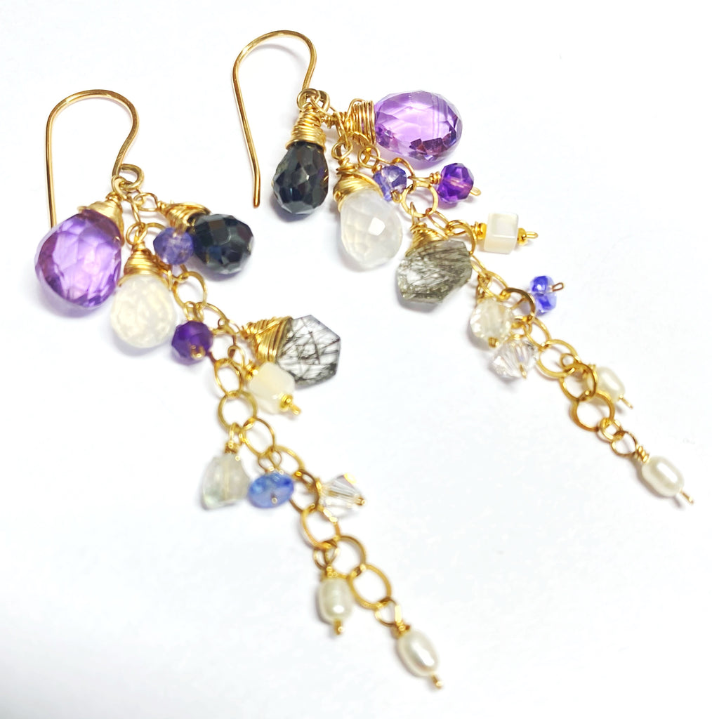 Amethyst Black Spinel Dangle Wire Wrap Moonstone Earrings 2