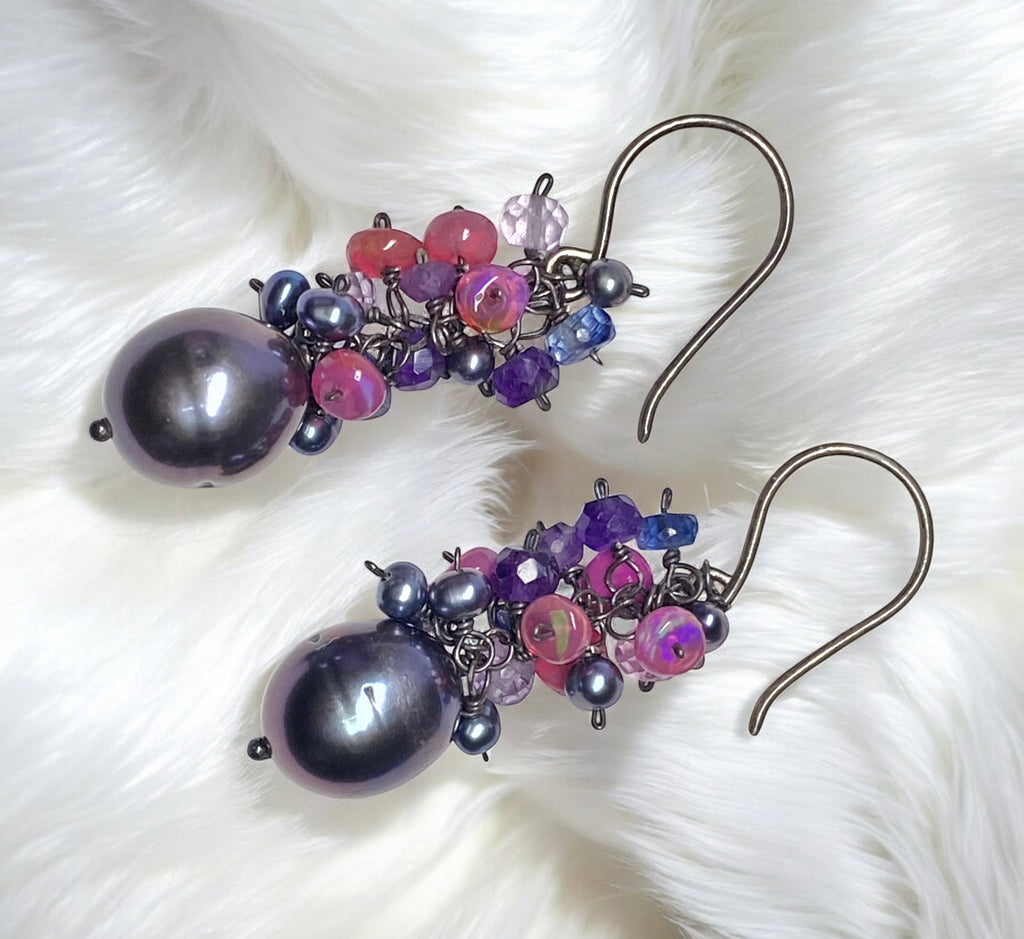 Peacock Pearl Cluster Earrings with Amethyst, Iolite and Pink Opals in Oxidized Sterling Silver