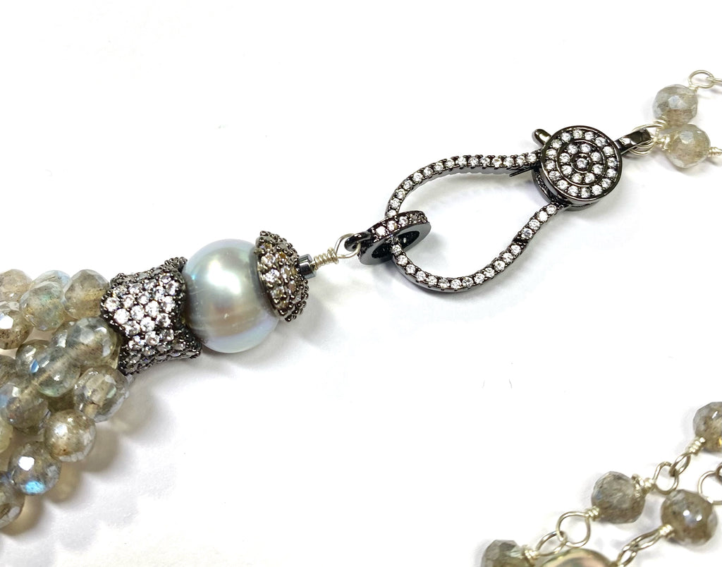 Mystic Labradorite Beaded Tassel Necklace Wire Wrap Sterling Silver