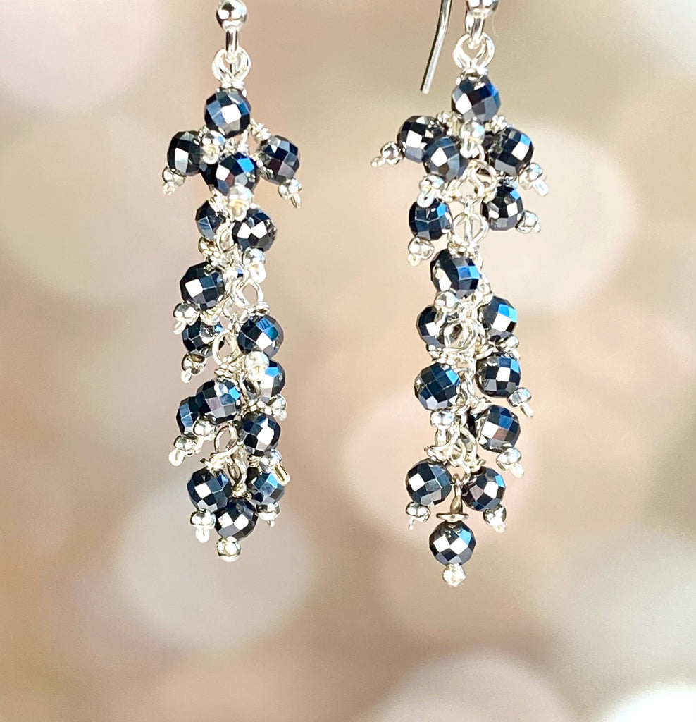 Sparkly Black Terahertz Cluster Earrings in Sterling Silver