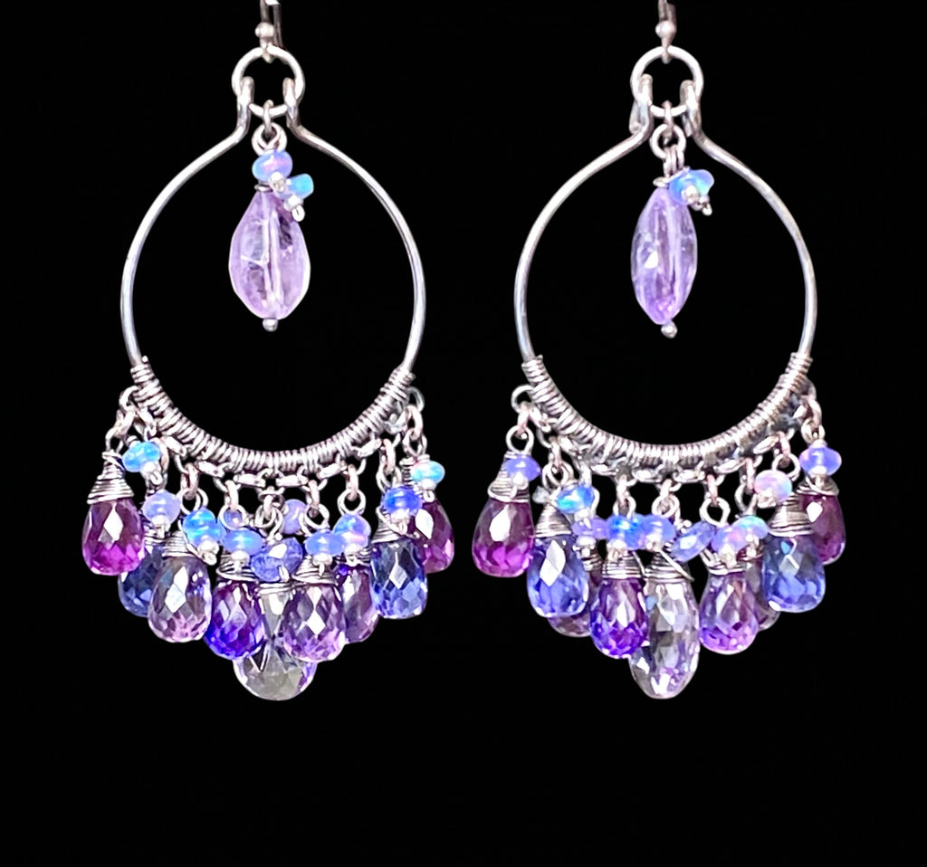 Blue Violet Gem Statement Chandelier Earrings in Oxidized Sterling Silver