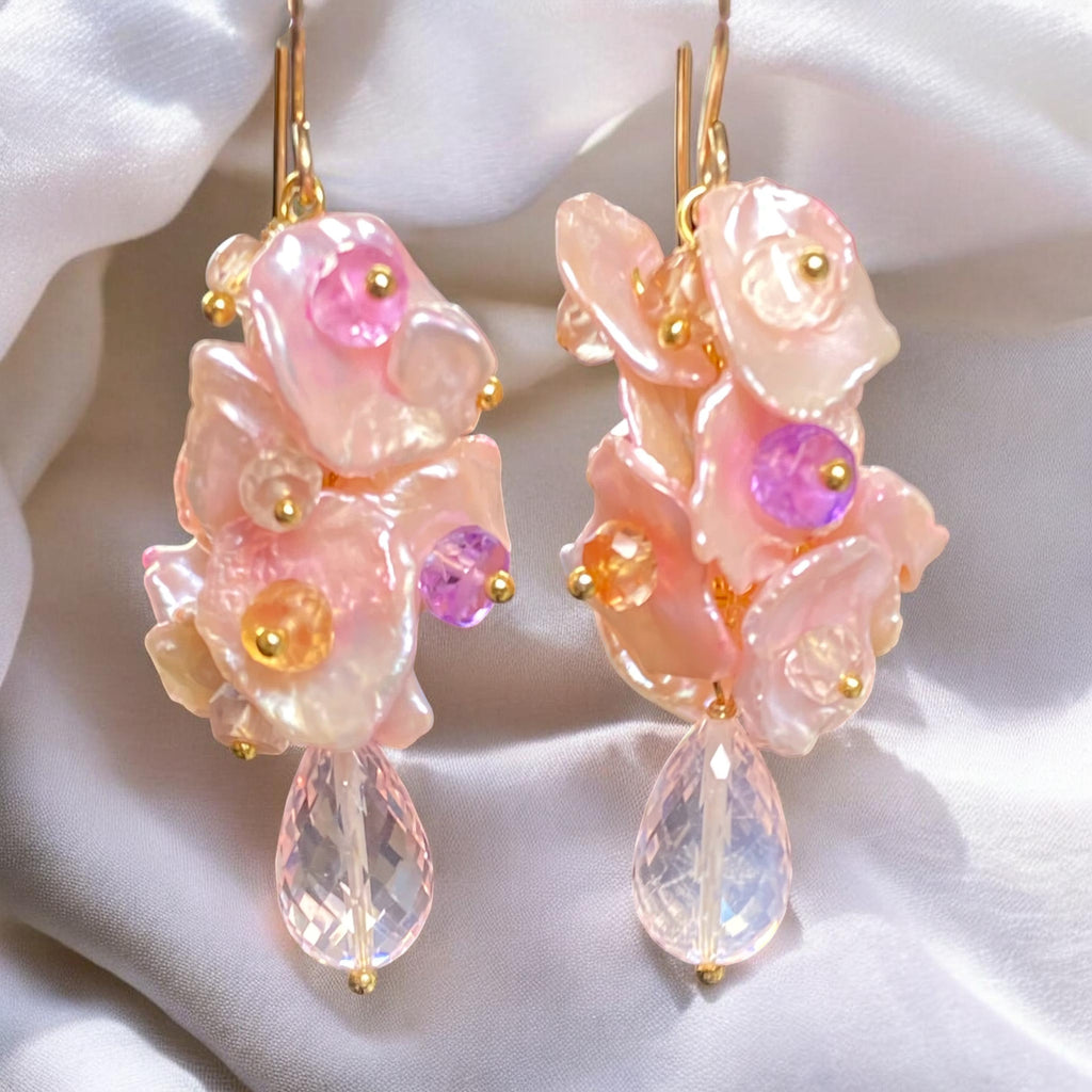 Padparadscha Sapphire Keishi Pearl Dangle Earrings with Rose Quartz Gold Fill - Doolittle