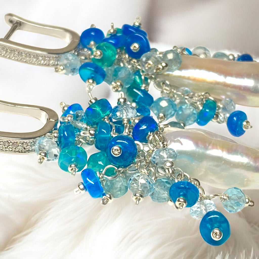White Biwa Pearl and Aqua Blue Opal Cluster Earrings Sterling Silver