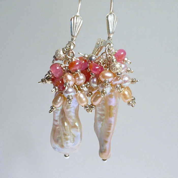 Blush Pink Biwa Pearl Pink Sapphire Cluster Earrings Sterling Silver