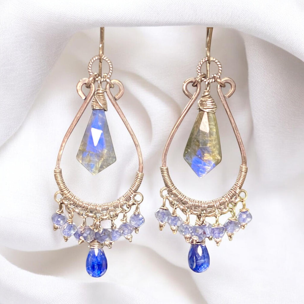 Blue Gemstone Statement Chandelier Earrings Oxidized Sterling Silver Blue Labradorite, Iolite, Kyanite - Doolittle