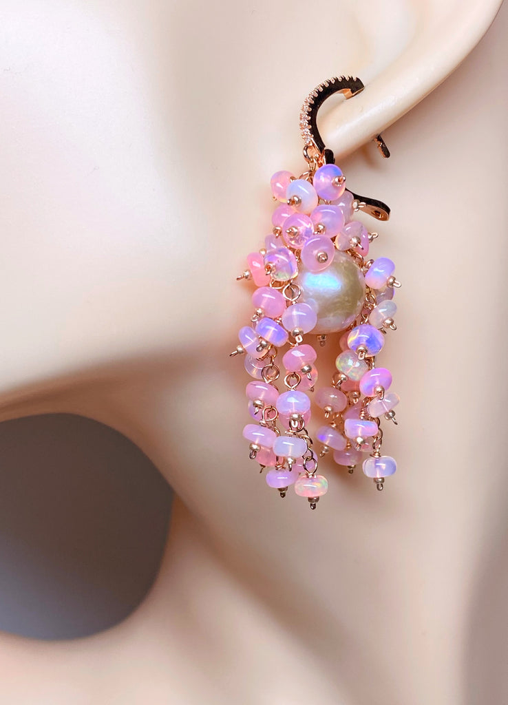 Pink Pearl, Pink Opal Statement Cluster Dangle Earrings, Rose Gold