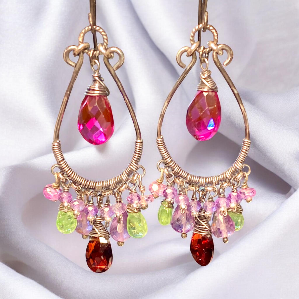 Multicolor Gemstone Statement Chandelier Earrings Oxidized Sterling Silver Amethyst Tsavorite Garnet - Doolittle