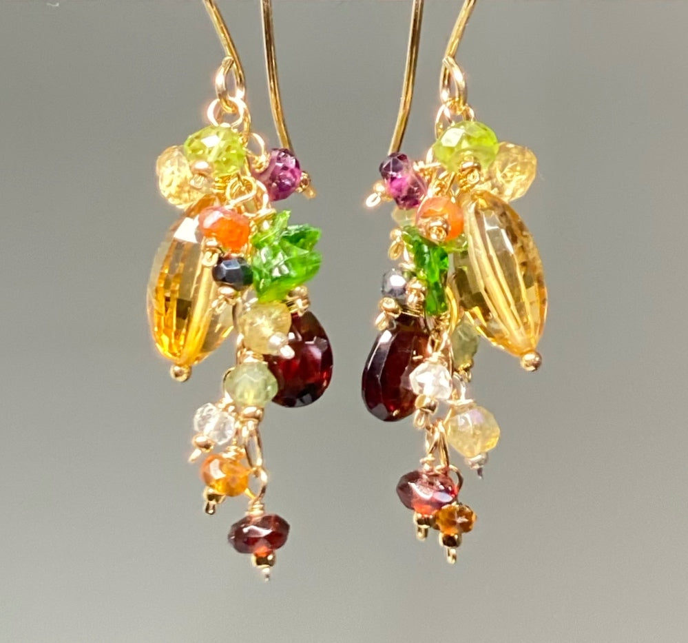 Citrine Dangle Earrings with Multi Gemstone Cluster, Garnet, Opal, Chrome Diopside