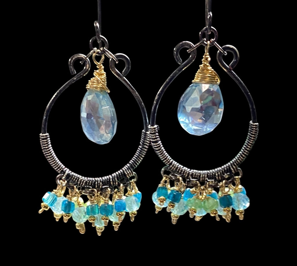 Aqua Apatite Oxidized Sterling Silver Hoop Chandelier Earrings