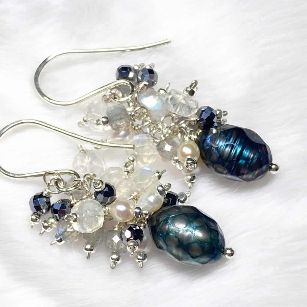 Petite Peacock Pearl Cluster Earrings — Pearl, Moonstone, Labradorite, Mystic Black Terahertz