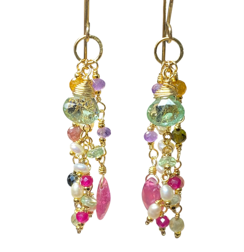 Green Tourmaline Pink Sapphire Gemstone Long Boho Dangle Earrings Gold Fill