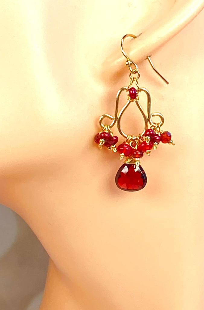 Red Garnet, Pearl & Opal Chandelier Earrings, 14k Gold Fill