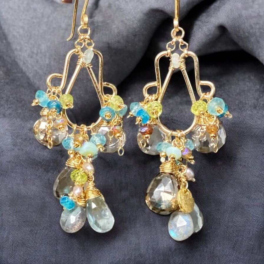 Gold Filled Gemstone Chandelier Earrings Moss Aquamarine, Smokey Quartz, Apatite