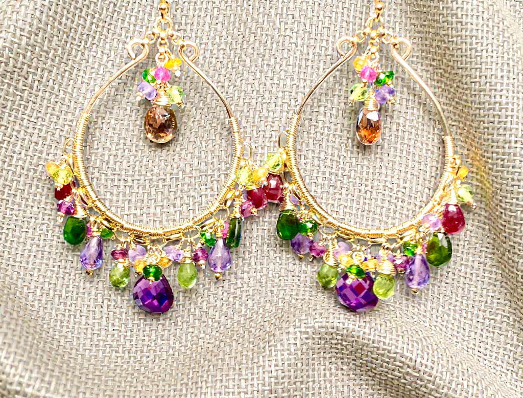 Statement Multi Gemstone Chandelier Hoop 14k Gold Fill Earrings - Violet, Green, Pink