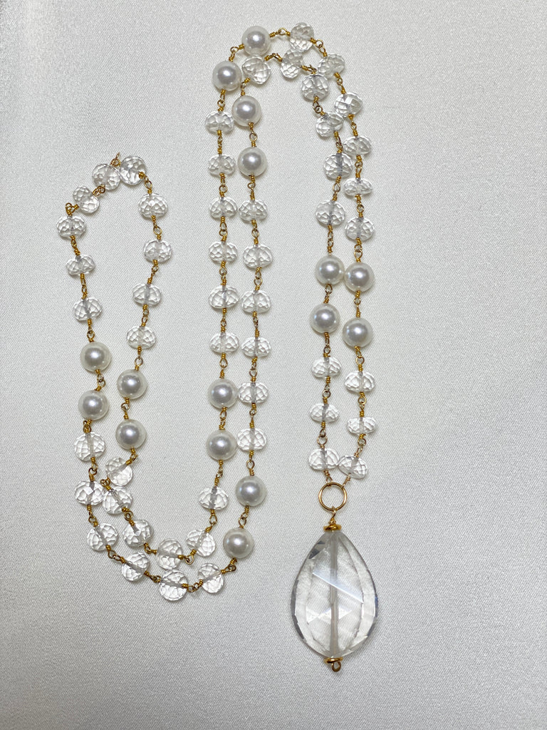 Crystal Quartz Pearl Necklace - Long Statement Wire Wrap Gold Plated