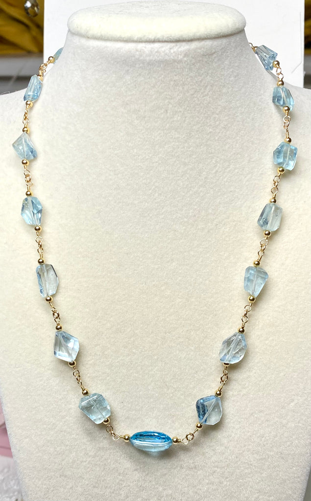 Blue Topaz and Aquamarine 14K Gold Fill Necklace Rosary Style Wire Wrap