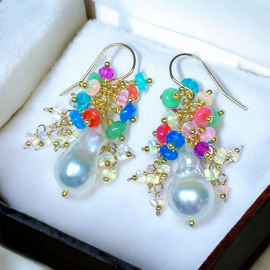 Baroque Flameball Pearl Cluster Earrings Multi-color Opals 4