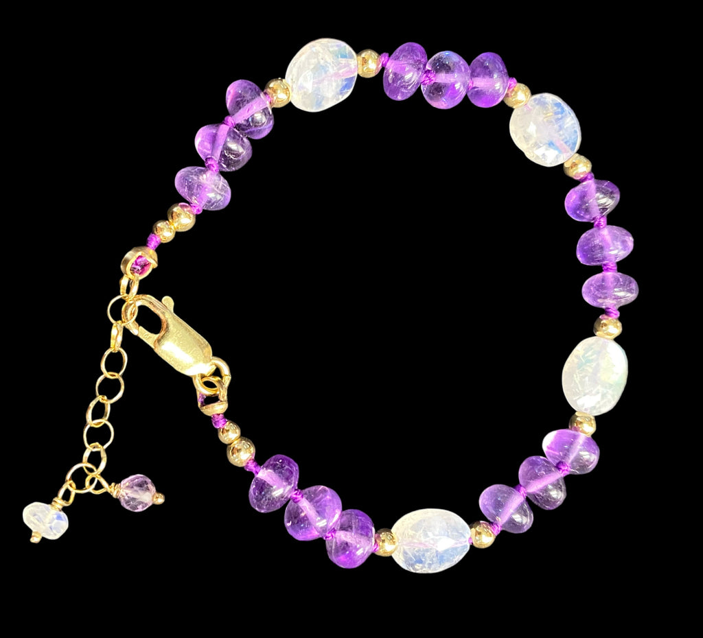 Amethyst and Rainbow Moonstone Silk Knot Bracelet Gold Fill