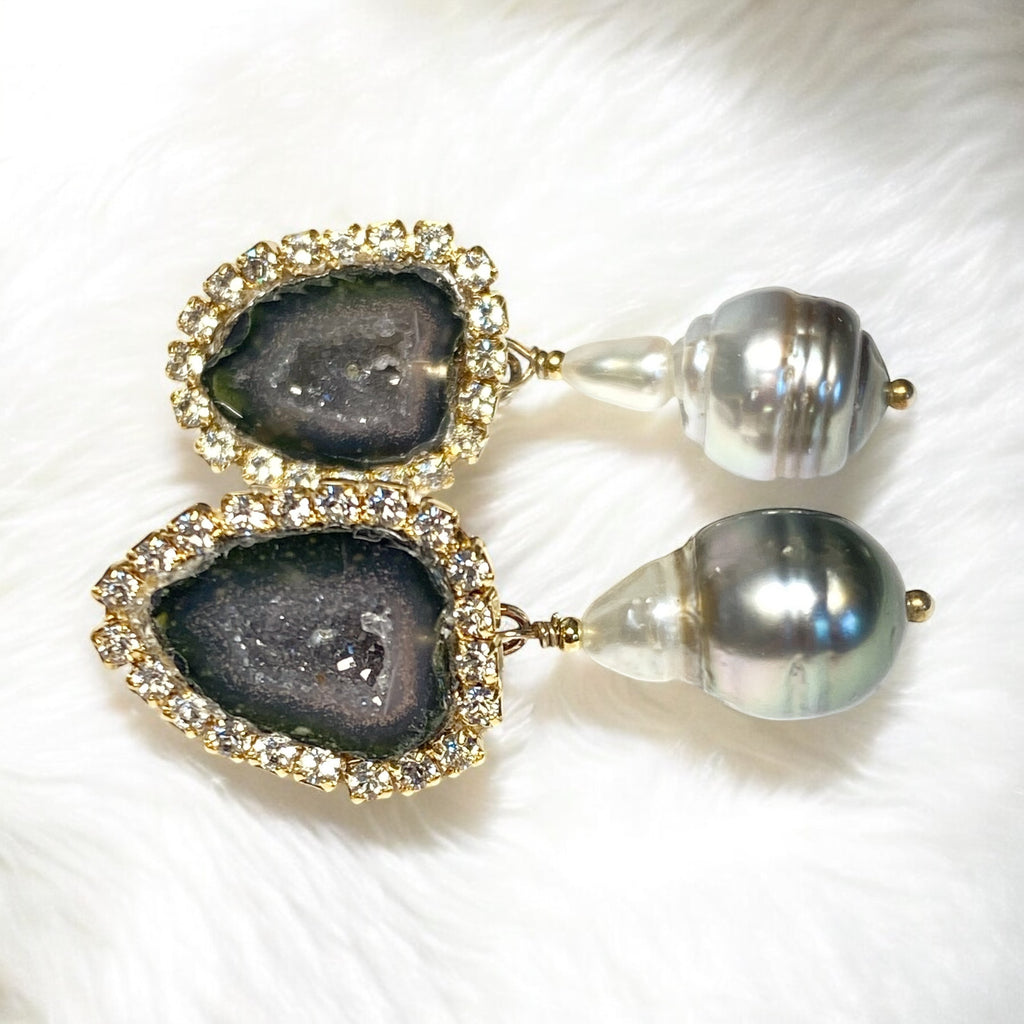 Black Tabasco Geode Earrings with Tahitian Pearls