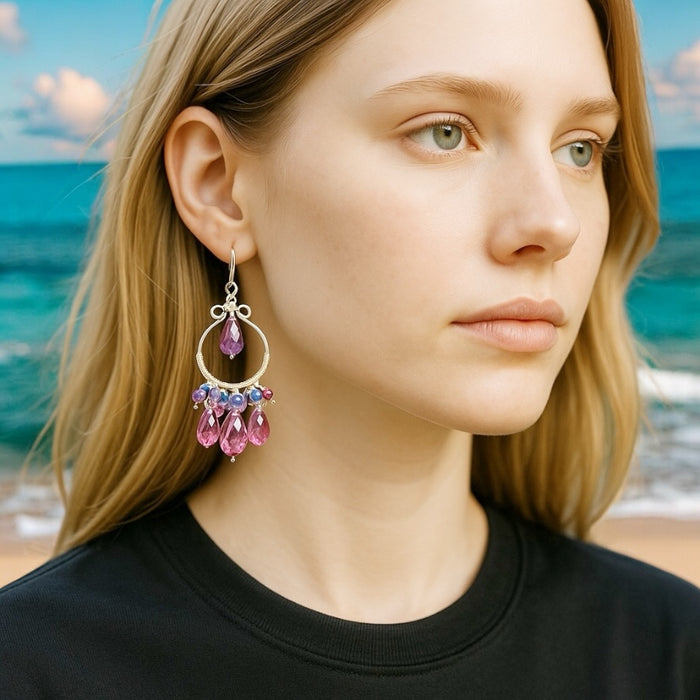 Pink Gemstone and Amethyst Chandelier Earrings Sterling Silver