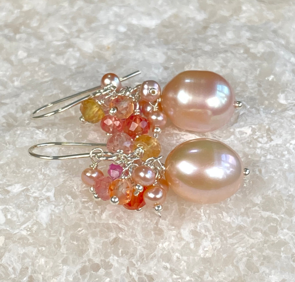 Blush Pink Pearl Cluster Earrings with Padparadscha Sapphires, Sterling Silver