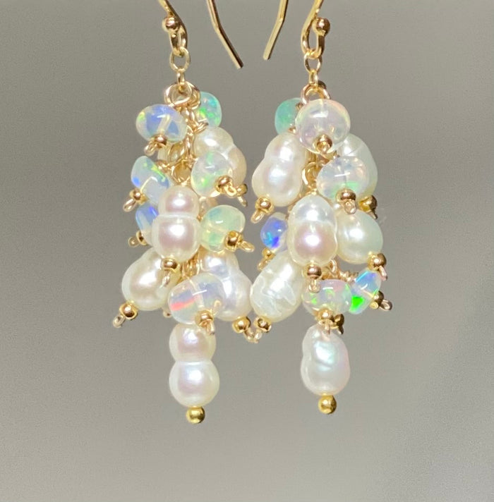 Pearl and White Ethiopian Opal Dangle Earrings Gold