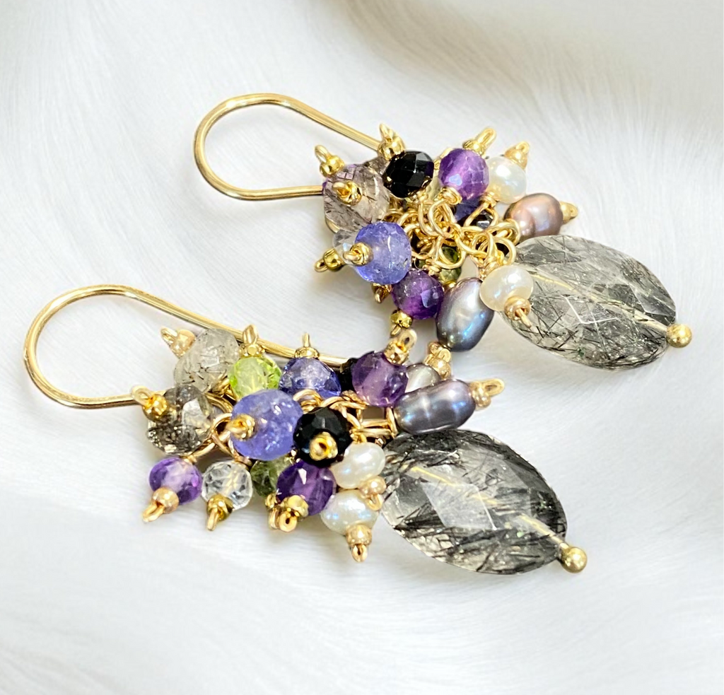 Black Rutilated Quartz Tanzanite Peridot Amethyst Cluster Earrings 2