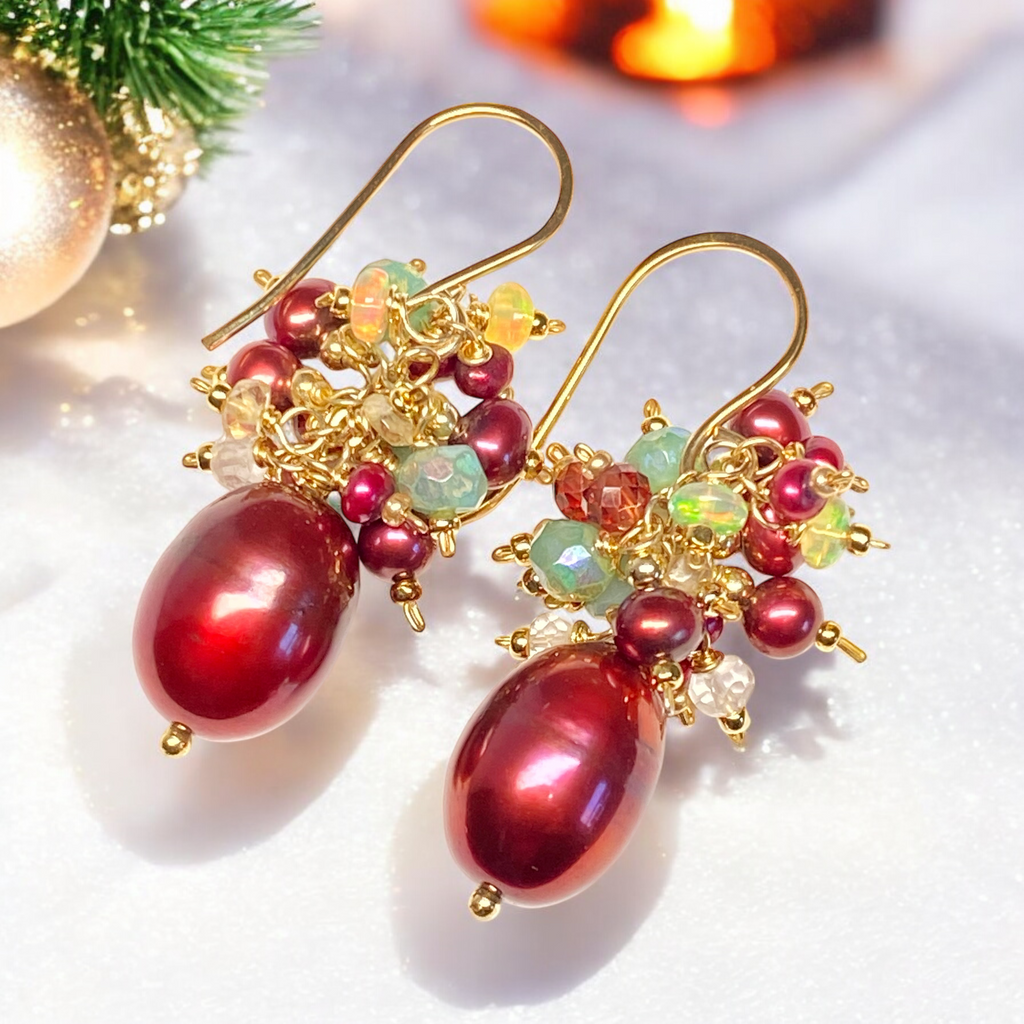 Red Pearl Gemstone Cluster Earrings, Gold Fill