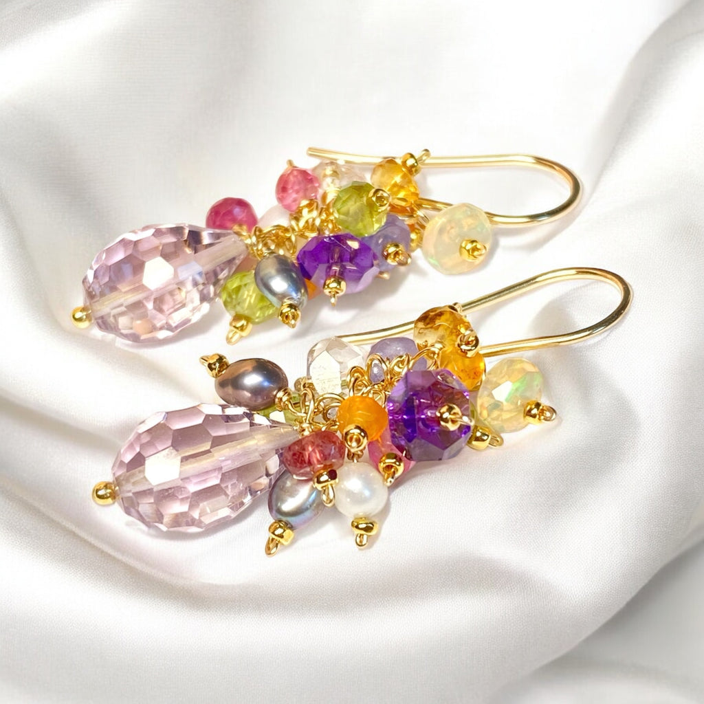 PInk Amethyst Multi Gemstone Cluster Dangle Earrings