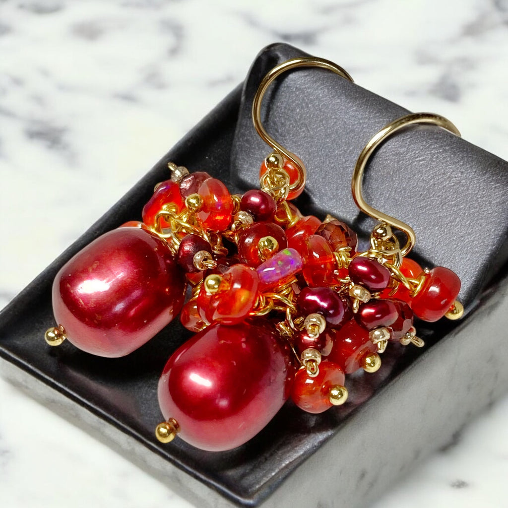 Red Freshwater Pearl Garnet and Opal Gemstone Cluster Earrings