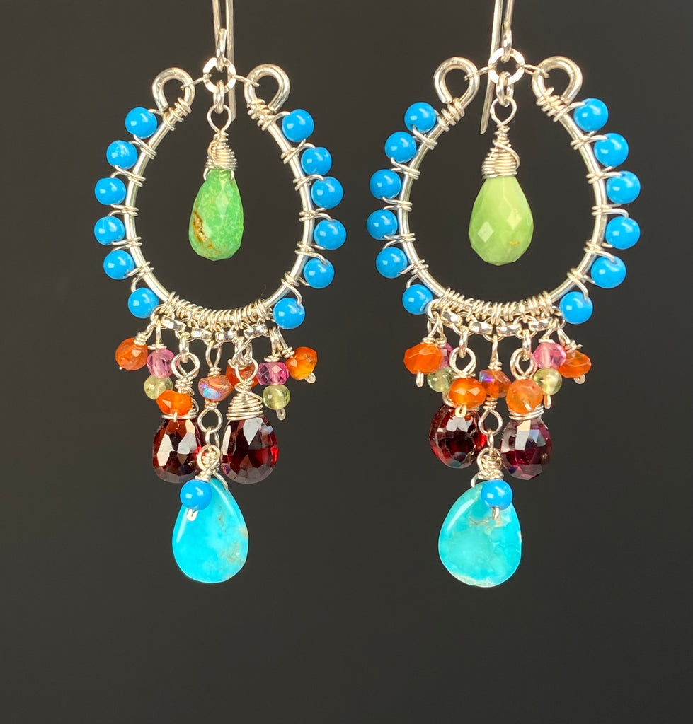Turquoise & Garnet Chandelier Earrings Sterling Silver - Doolittle