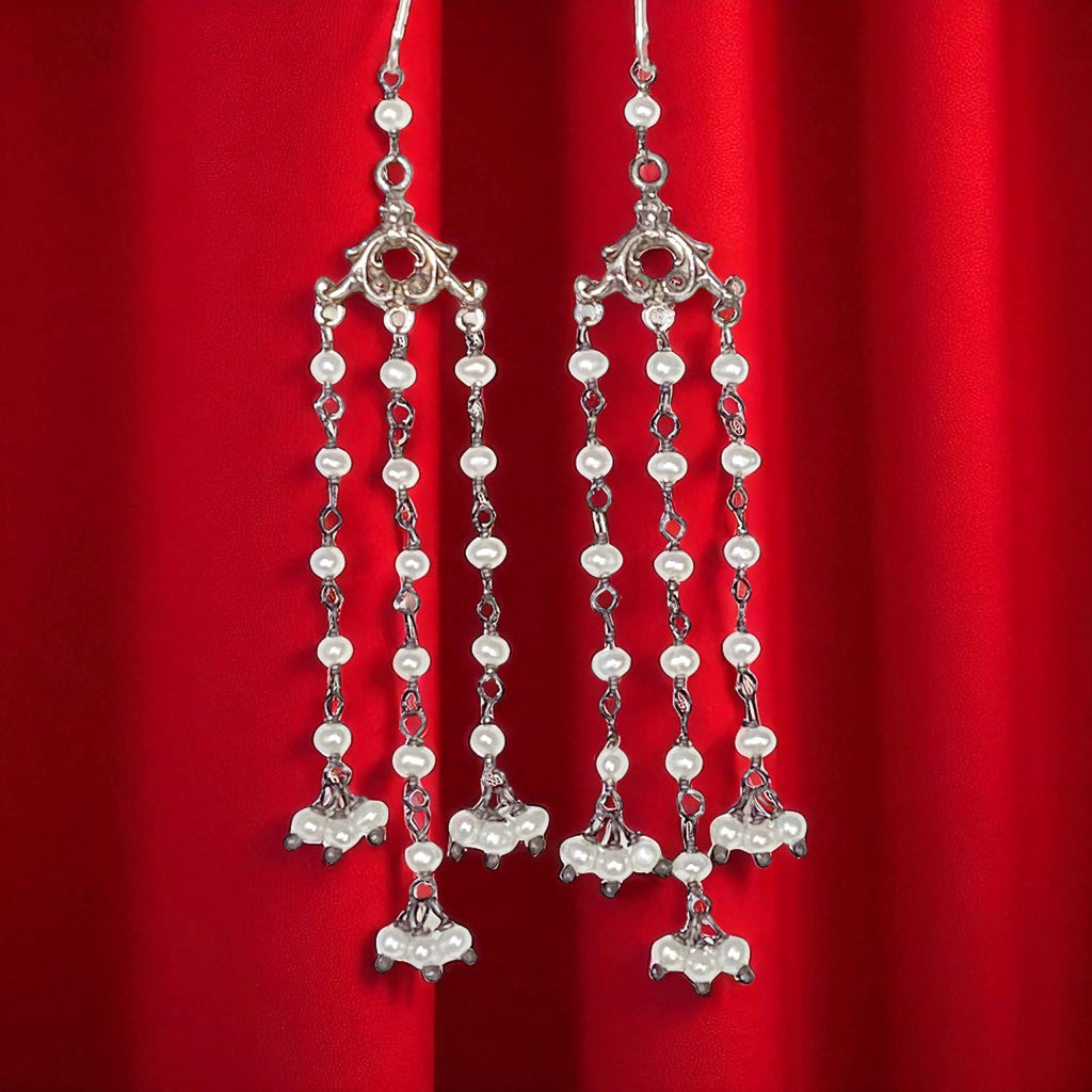 Long Pearl Chandelier Earrings Oxidized Silver Shoulder Dusters
