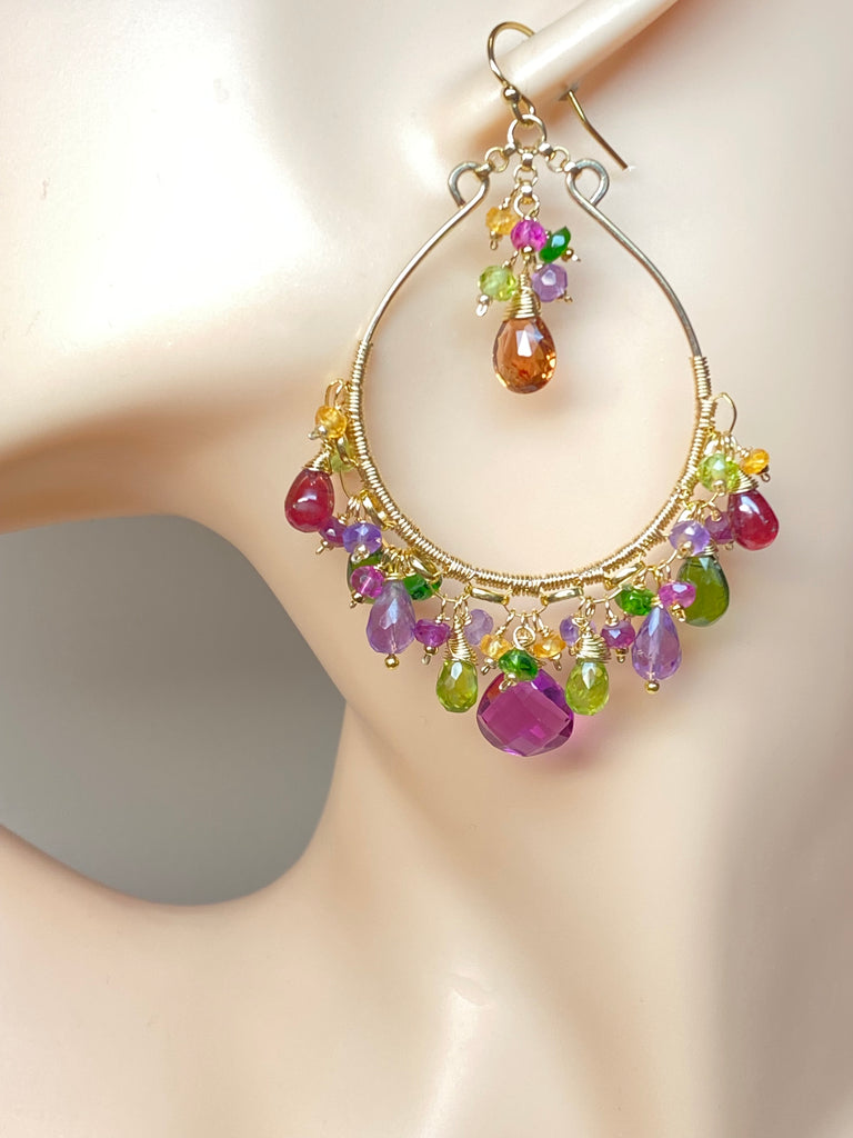 Statement Multi Gemstone Chandelier Hoop 14k Gold Fill Earrings - Violet, Green, Pink