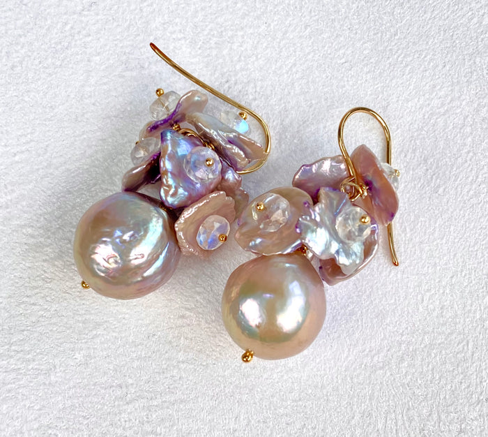 Silver Gray AAAA Pearl Cluster Earrings with Lavender Keishi and Rainbow Moonstone - Doolittle