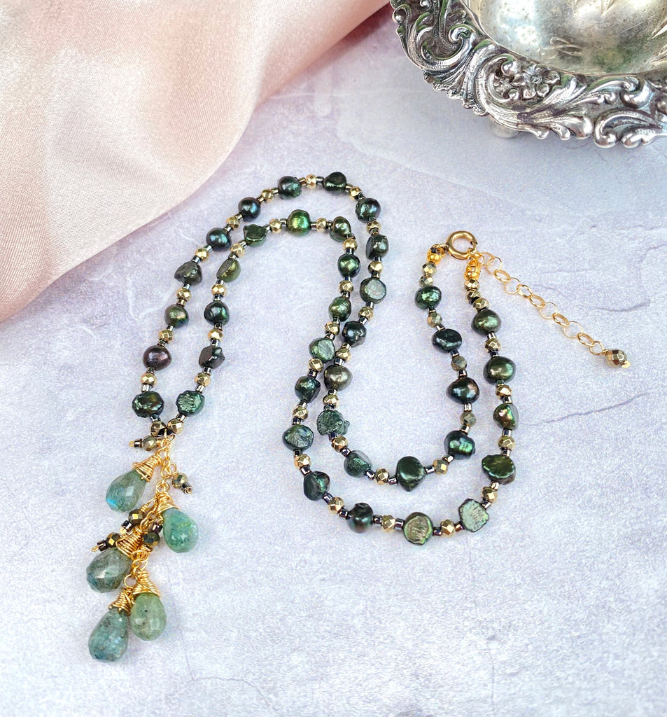 Green Moonstone and Pearl Silk Knot Pendant Necklace
